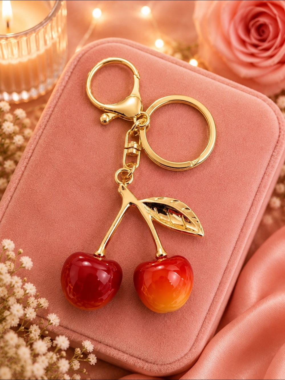Gold Cherry Keychain Charm in Red-Orange